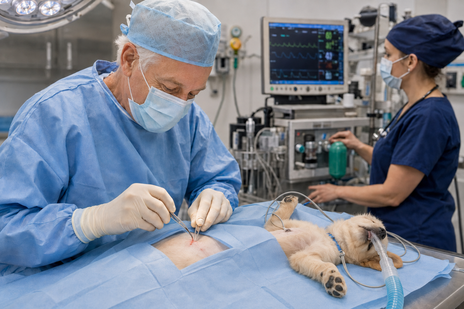 Dr. Brian Ferguson performing a veterinary procedure on an anesthetized puppy while a technician monitors the puppy's vital signs