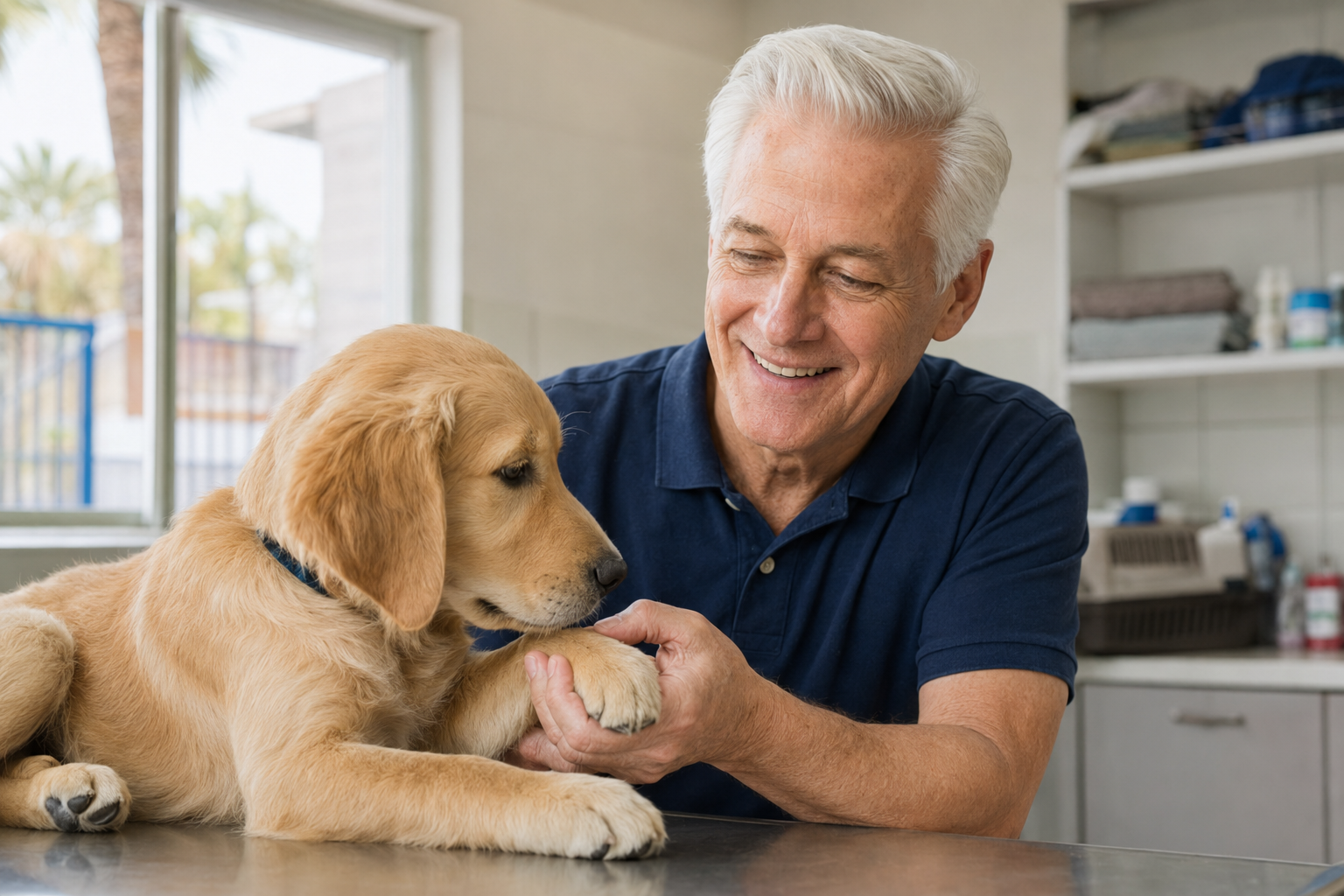 Brian Ferguson gently checking a golden retriever puppy's paw in a shelter wellness room