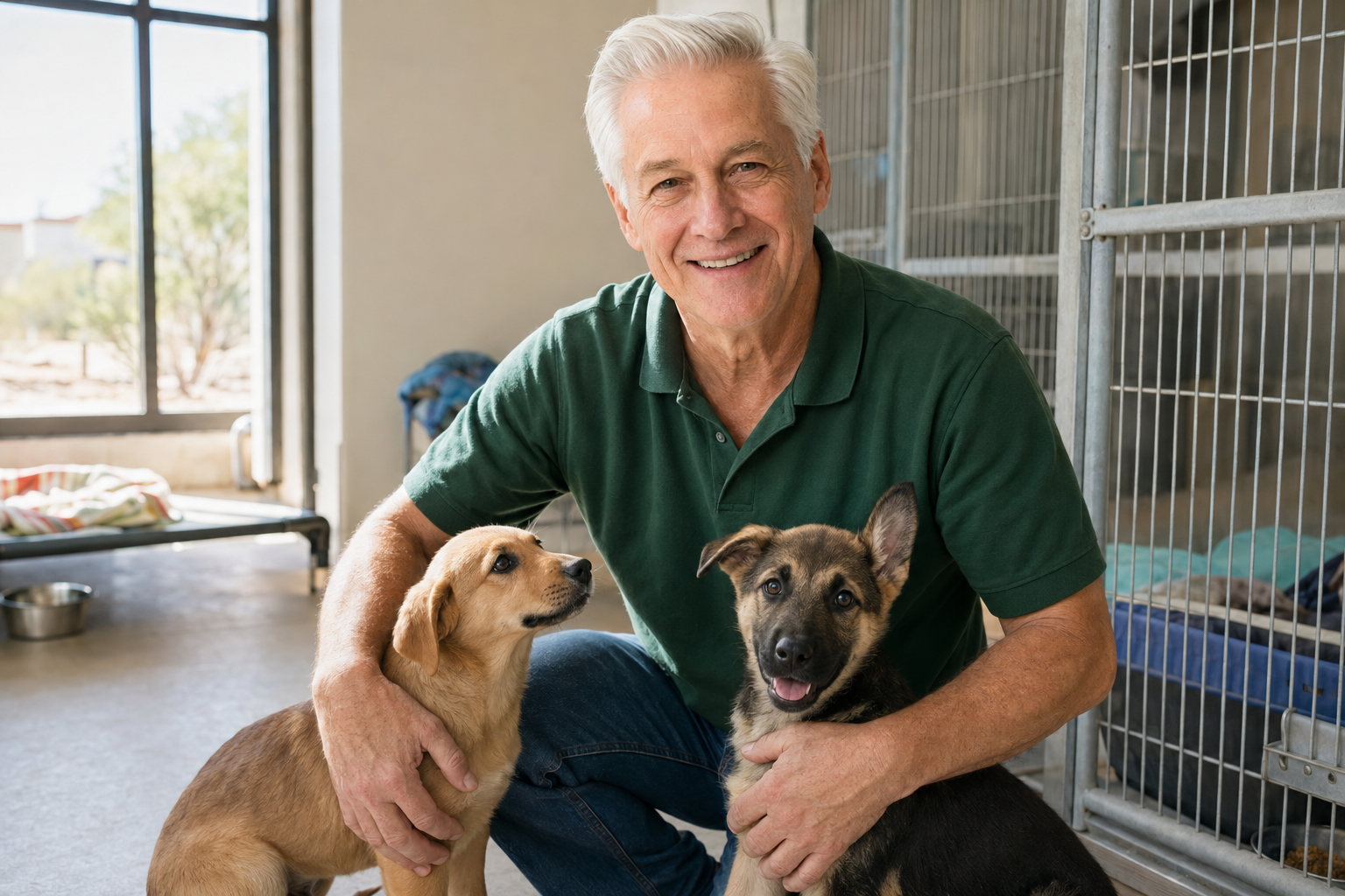 Brian Ferguson comforting two rescue puppies at an animal shelter
