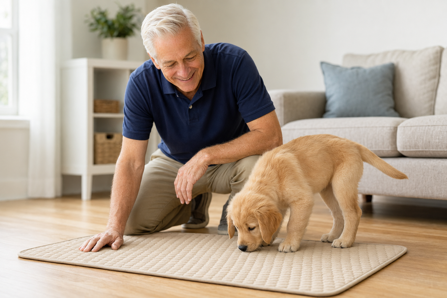 A golden retriever puppy sniffing a beige Waggly pad while Brian Ferguson smiles beside it