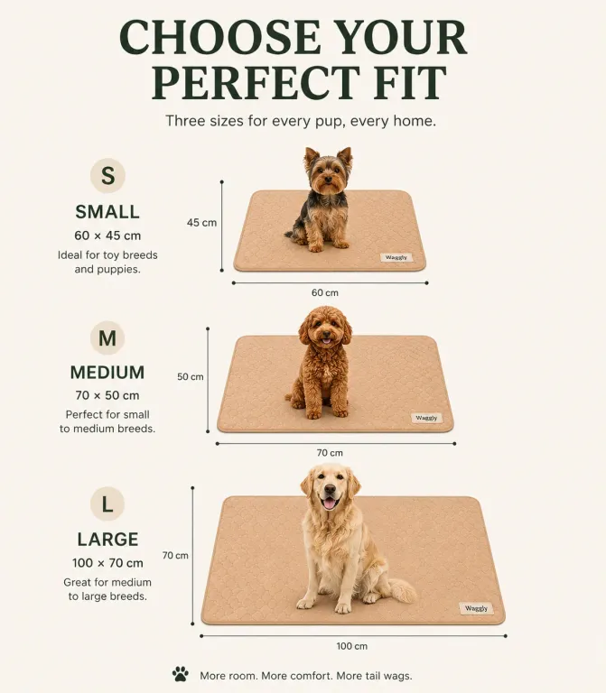 Waggly reusable puppy pad size guide: Small 60 by 45 centimetres, Medium 70 by 50 centimetres, and Large 100 by 70 centimetres.